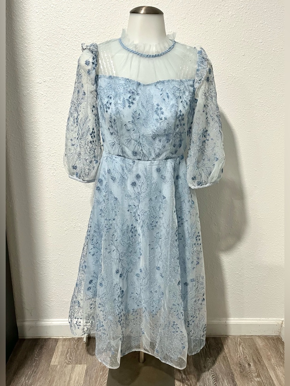NWT Goelia Blue See-Through Mess Embroidered Dress Size 4 (Small)